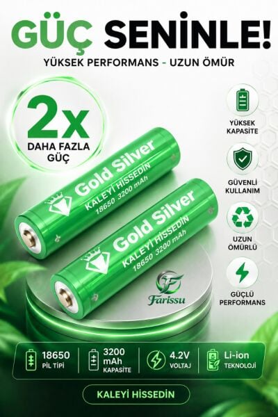Gold Silver 18650 El Feneri ve Kafa Lambası İçin Şarj Edilebilir Li-ion Pil - 3200 mAh 4.2V (2 Adet)