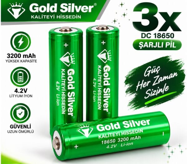 Gold Silver 18650 El Feneri ve Kafa Lambası İçin Şarj Edilebilir Li-ion Pil - 3200 mAh 4.2V (3 Adet)