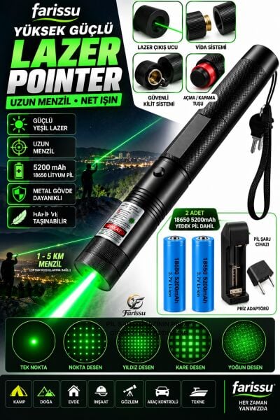10 KM Menzilli Şarj Edilebilir Yeşil Lazer Pointer Seti - 5200mAh Çift Bataryalı & Güvenlik Kilidi