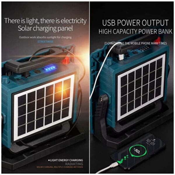 200W Güneş Enerjili Solar Led Projektör - Kademesiz Parlaklık Ayarlı Şarjlı Kamp Lambası ve Powerbank