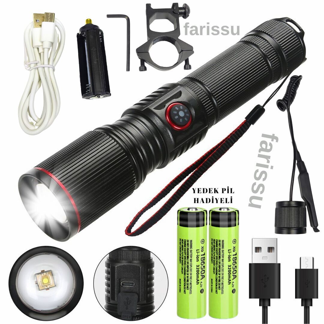 Zoomlu LED Tüfek Feneri | 30W | 3600 mAh Pil Hediyeli