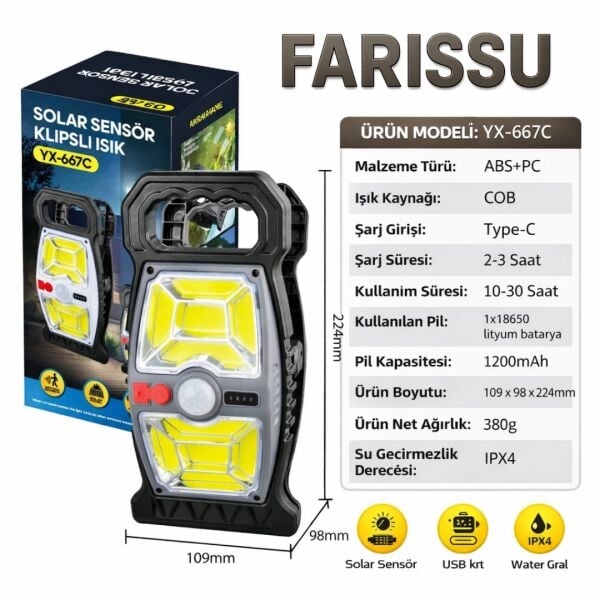 Güneş Enerjili Taşınabilir Bahçe ve Kamp Lambası (Hareket Sensörlü