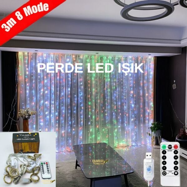 3x3 Metre 305 LED'li 8 Fonksiyonlu Kumandalı Gökkuşağı Perde LED Işık