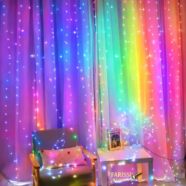 3x3 Metre 305 LED'li 8 Fonksiyonlu Kumandalı Gökkuşağı Perde LED Işık