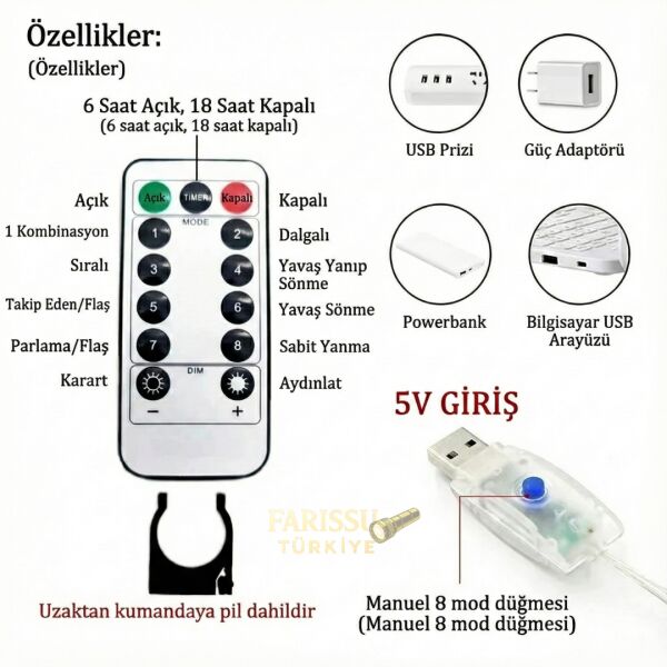 3x3 Metre 305 LED'li 8 Fonksiyonlu Kumandalı Gökkuşağı Perde LED Işık