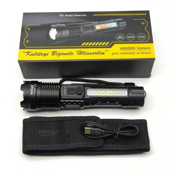 Şarj Edilebilir Zoomlu El Feneri Kılıflı 3000 Lümen - 1000 Metre Menzil - 7 Modlu Type-C Girişli Flashlight