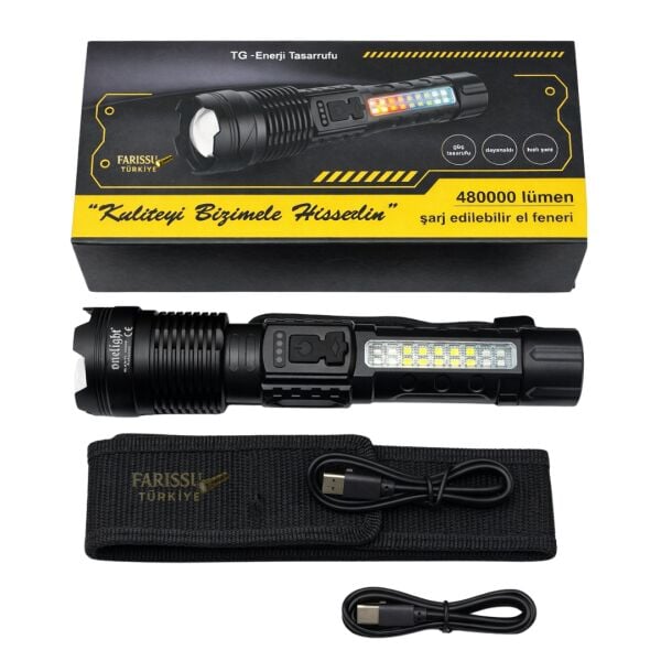 Şarj Edilebilir Zoomlu El Feneri Kılıflı 3000 Lümen - 1000 Metre Menzil - 7 Modlu Type-C Girişli Flashlight