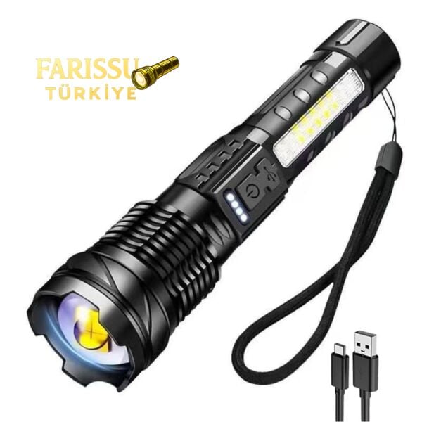 Şarj Edilebilir Zoomlu El Feneri Kılıflı 3000 Lümen - 1000 Metre Menzil - 7 Modlu Type-C Girişli Flashlight