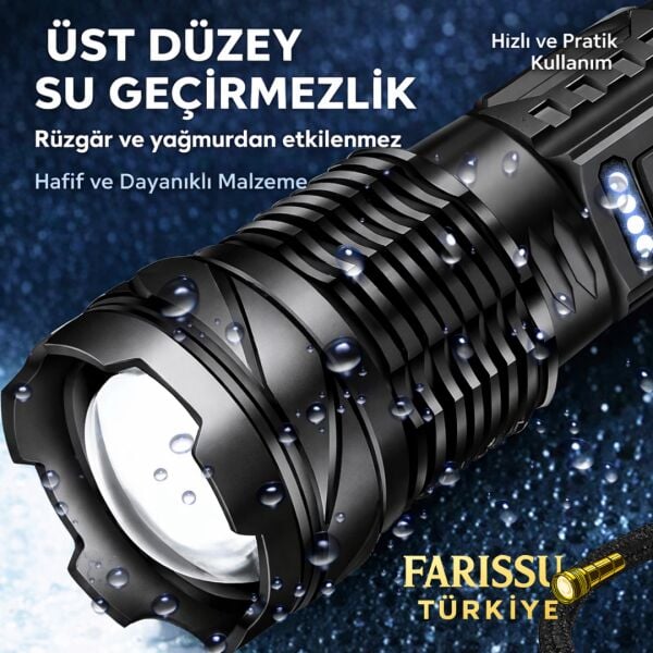 Şarj Edilebilir Zoomlu El Feneri Kılıflı 3000 Lümen - 1000 Metre Menzil - 7 Modlu Type-C Girişli Flashlight