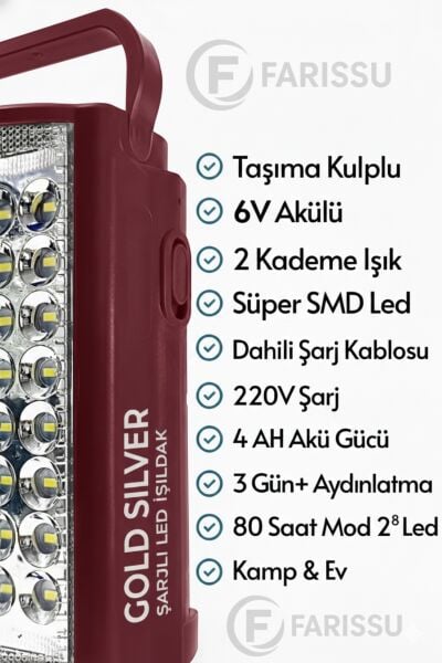 Gold Silver GS-2400 Şarjlı LED Işıldak: 24 SMD LED + Powerbank Özellikli