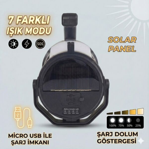 Gold Kama T96 7 Modlu Güneş Enerjili Çok Fonksiyonlu El Feneri Mini Fener Dahil