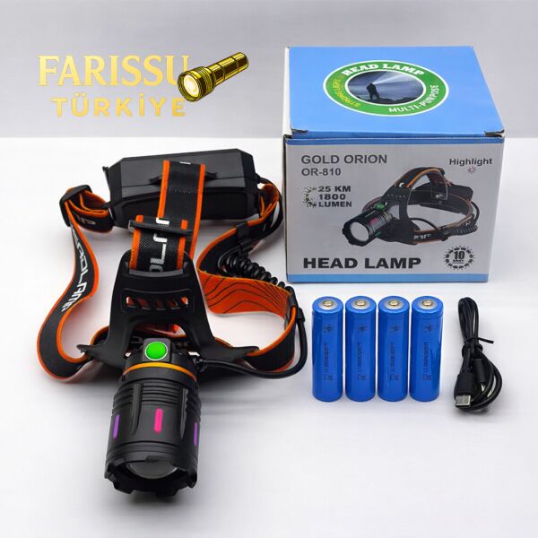 Gold Orion OR-810 25W Şarjlı Kafa Feneri | 1800 Lümen | 1 KM Aydınlatma | 4 Adet Yedek 18650 Pil