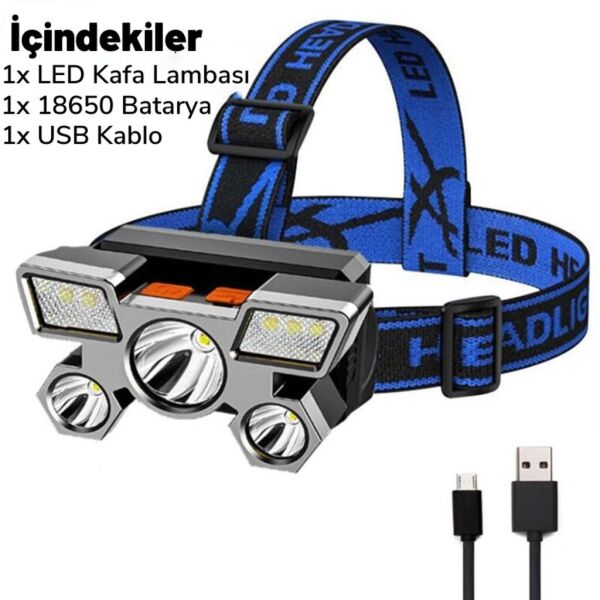 DailyLink 5LED Dahili Pil USB Şarj Edilebilir Kafa Feneri Lambası