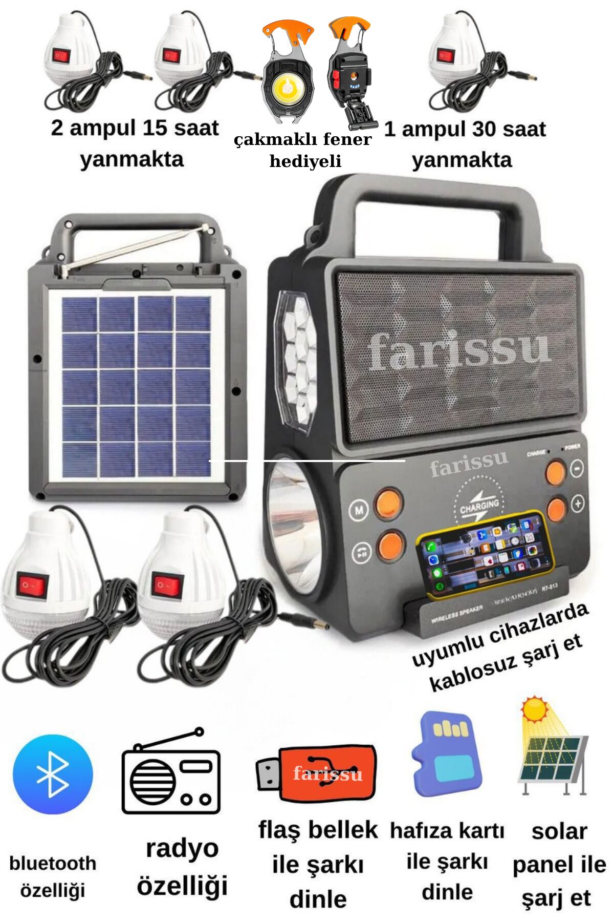 Everton Rt-913 Şarjlı Fm/usb/bt Güneş Enerjili 2 Ampullü Solar Set (KABLOSUZ TELEFON ŞARJ) Özelikli