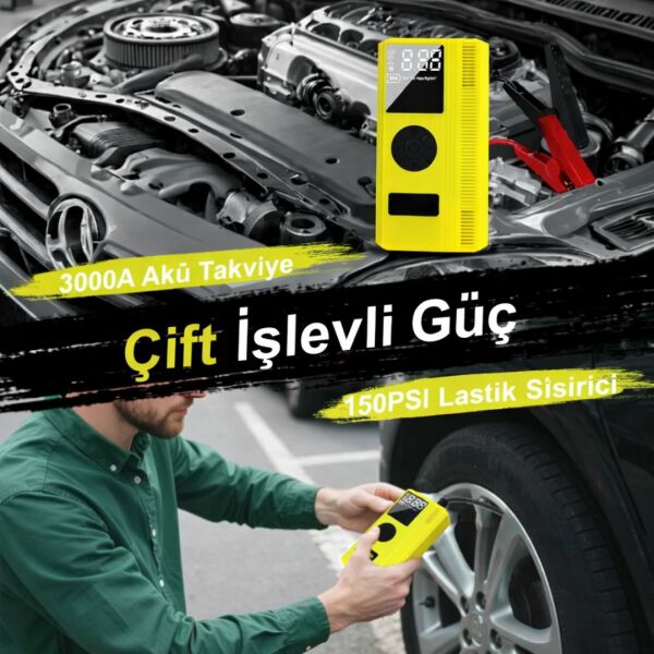 3000A Profesyonel Akü Takviye Cihazı ve 150 PSI Taşınabilir Hava Kompresörü - 12V Powerbank