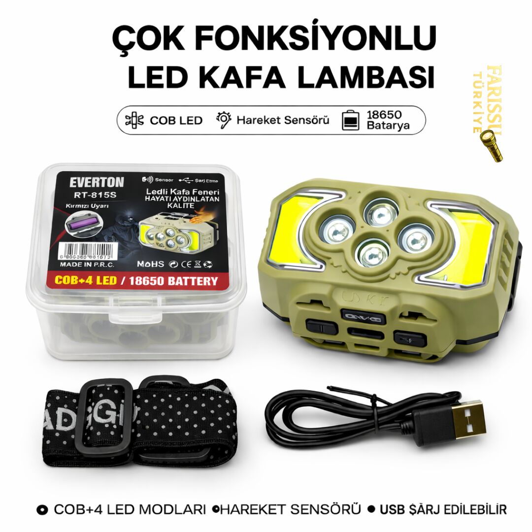 RT-815S Şarj Edilebilir Sensörlü LED Kafa Lambası - 6 Modlu, 18650 Bataryalı
