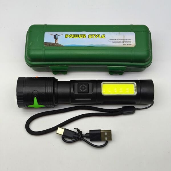 Power Style 1000 Lümen Type-C Şarjlı, Zoom Özellikli ve Yan COB Işıldaklı El Feneri