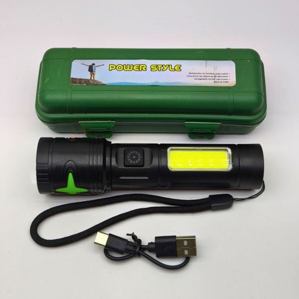 Power Style 1000 Lümen Type-C Şarjlı, Zoom Özellikli ve Yan COB Işıldaklı El Feneri