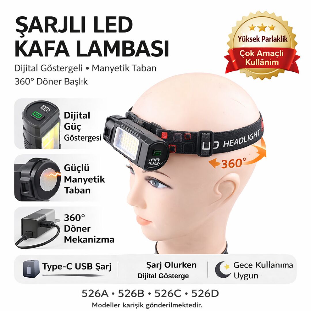 3’ü 1 Arada Şarjlı LED Kafa ve Tamir Lambası - Manyetik Tabanlı, 360° Döner Başlıklı ve Dijital Göstergeli