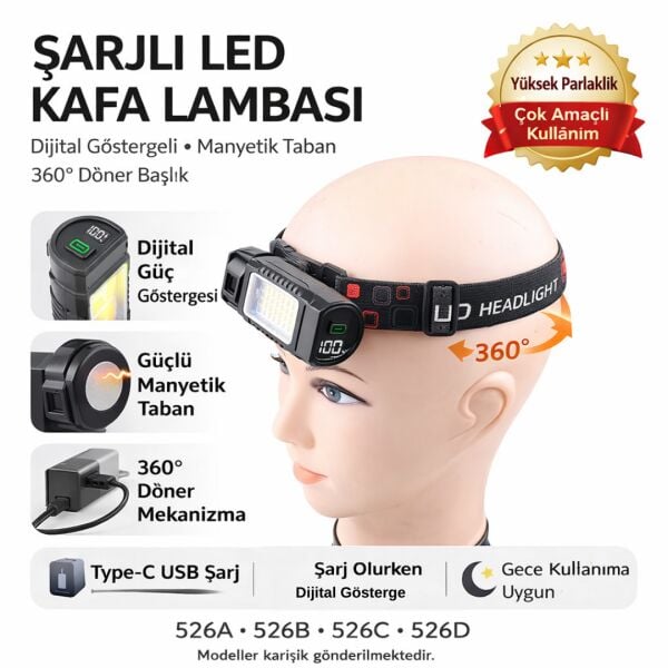3’ü 1 Arada Şarjlı LED Kafa ve Tamir Lambası - Manyetik Tabanlı, 360° Döner Başlıklı ve Dijital Göstergeli