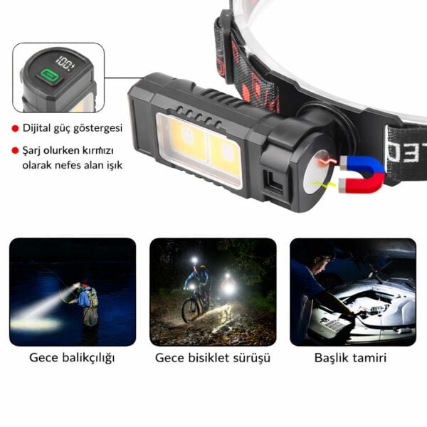3’ü 1 Arada Şarjlı LED Kafa ve Tamir Lambası - Manyetik Tabanlı, 360° Döner Başlıklı ve Dijital Göstergeli