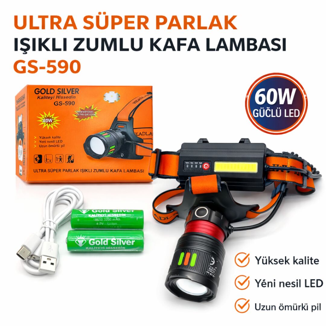 Gold Silver GS-590 60W 6000 Lümen Ultra Güçlü Zumlu Şarjlı Kafa Lambası