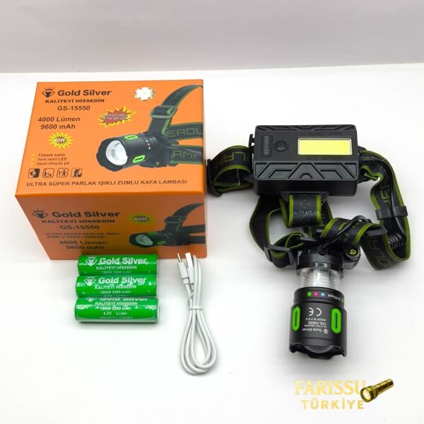 Gold Silver GS-15550 Profesyonel Kafa Lambası - 40W 4000 Lümen - 1.5 KM Menzil - 9600 mAh Güçlü Batarya