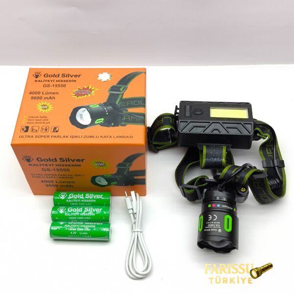 Gold Silver GS-15550 Profesyonel Kafa Lambası - 40W 4000 Lümen - 1.5 KM Menzil - 9600 mAh Güçlü Batarya