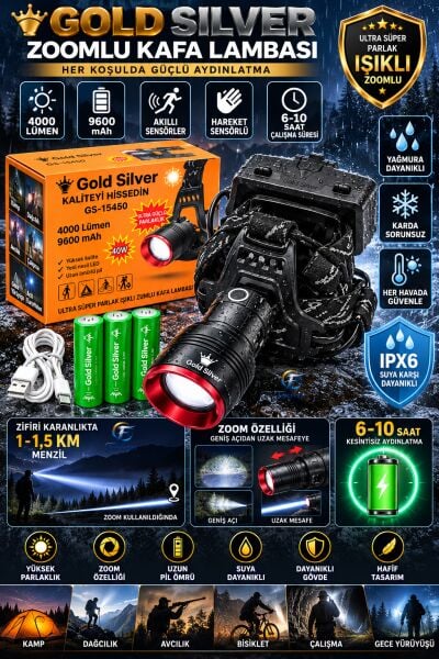 Gold Silver GS-15450 4000 Lümen Ultra Parlak Şarjlı Zoomlu Sensörlü Kafa Lambası - 9600 mAh