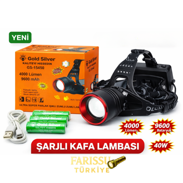 Gold Silver GS-15450 4000 Lümen Ultra Parlak Şarjlı Zoomlu Sensörlü Kafa Lambası - 9600 mAh