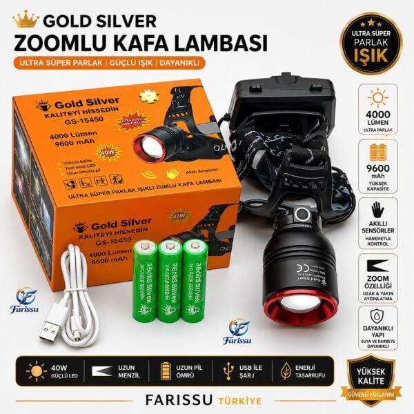 Gold Silver GS-15450 4000 Lümen Ultra Parlak Şarjlı Zoomlu Sensörlü Kafa Lambası - 9600 mAh