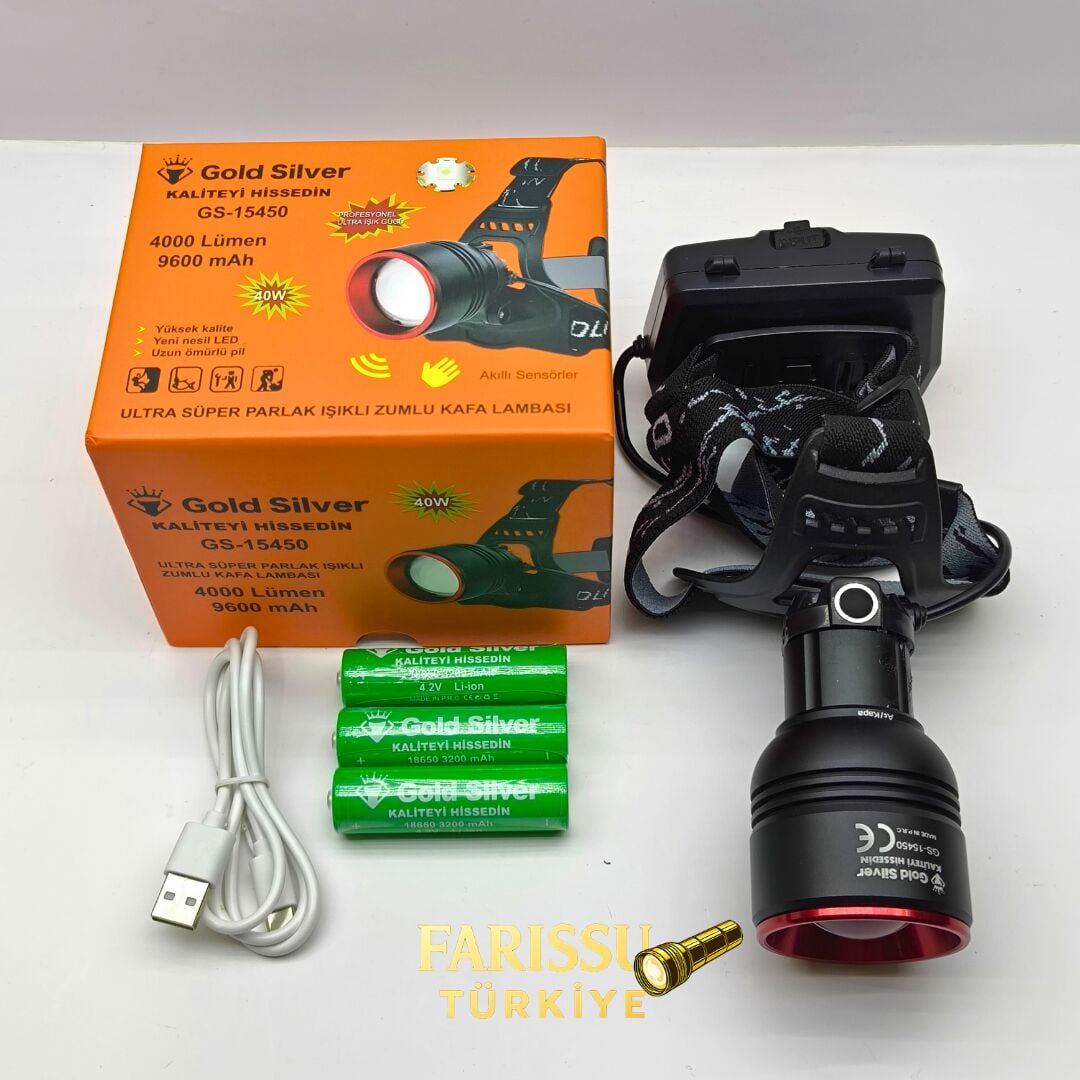 Gold Silver GS-15450 4000 Lümen Ultra Parlak Şarjlı Zoomlu Sensörlü Kafa Lambası - 9600 mAh