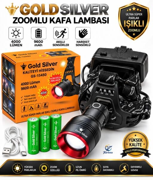 Gold Silver GS-15450 4000 Lümen Ultra Parlak Şarjlı Zoomlu Sensörlü Kafa Lambası - 9600 mAh