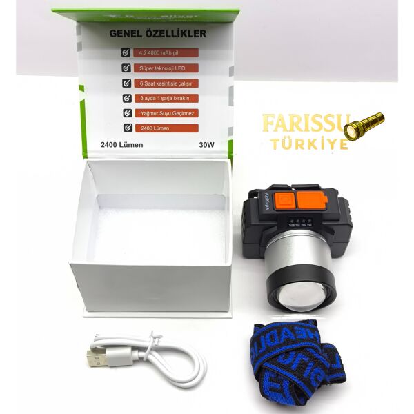 2400 Lümen Güçlü LED Kafa Lambası - 4 Modlu, SOS Özellikli, Yağmur Geçirmez