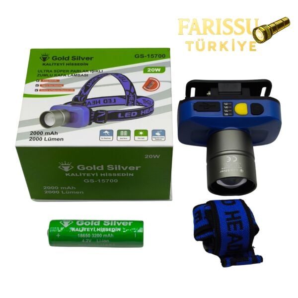 Gold Silver GS-15700 20W 2000 Lümen Zoomlu Şarj Edilebilir Kafa Lambası - Sarı & Beyaz Işık