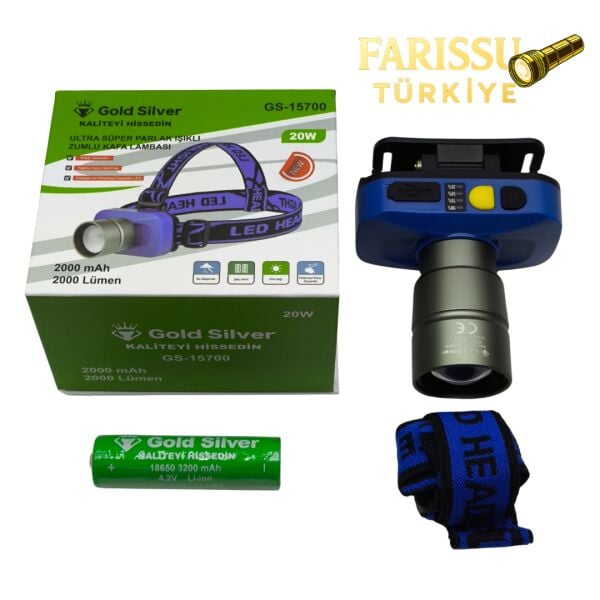 Gold Silver GS-15700 20W 2000 Lümen Zoomlu Şarj Edilebilir Kafa Lambası - Sarı & Beyaz Işık