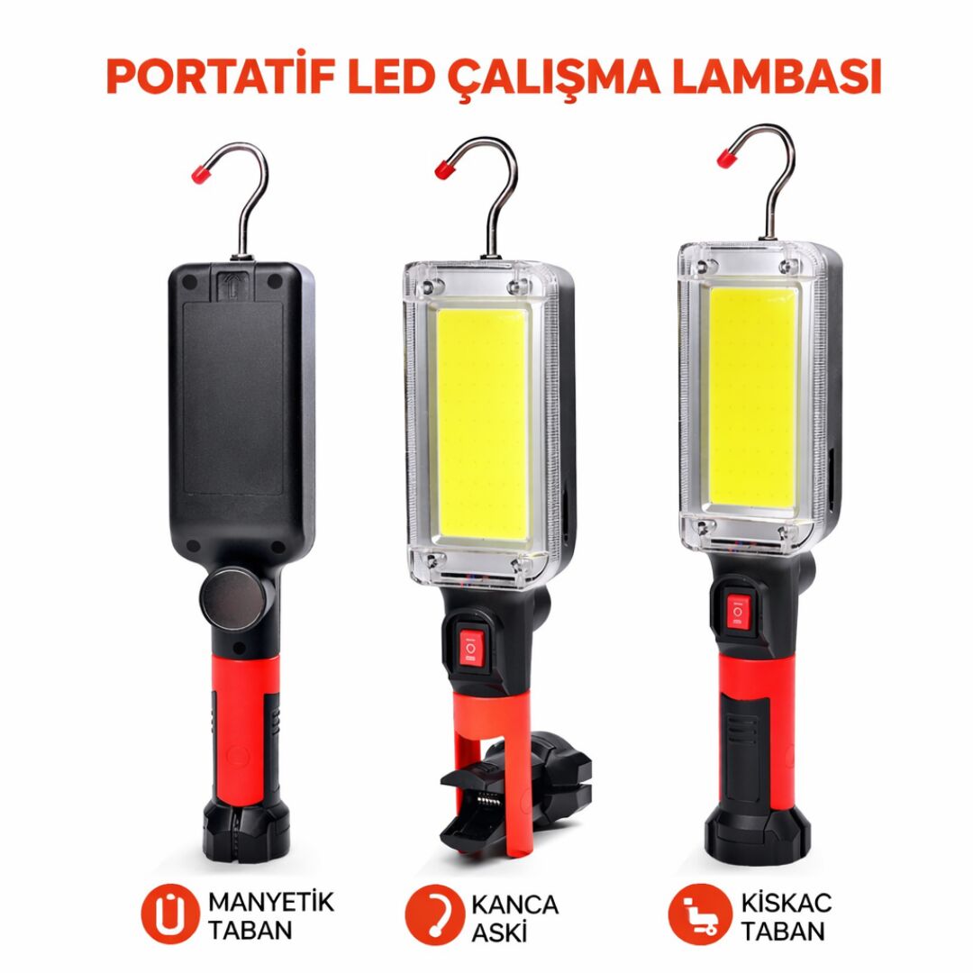 60W COB LED 1200 Lümen Şarjlı Çalışma Lambası - Mıknatıslı, Kancalı, Kıskaçlı + 2 Adet 18650