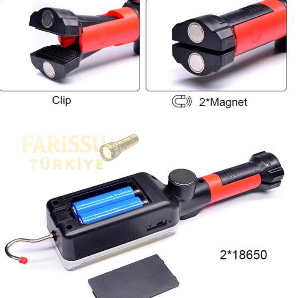 60W COB LED 1200 Lümen Şarjlı Çalışma Lambası - Mıknatıslı, Kancalı, Kıskaçlı + 2 Adet 18650