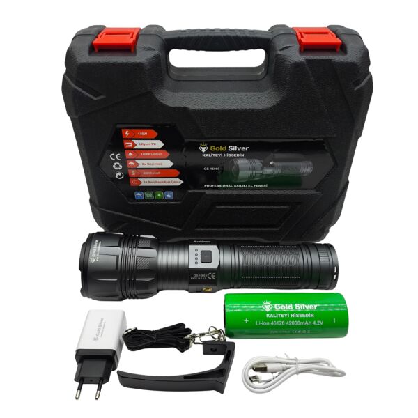 GS-15000 Profesyonel Şarjlı El Feneri - 14000 Lümen Yüksek Performanslı Projektör