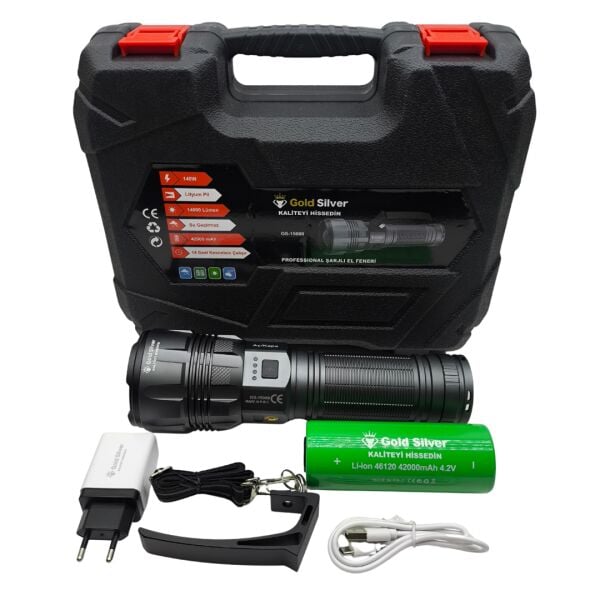 GS-15000 Profesyonel Şarjlı El Feneri - 14000 Lümen Yüksek Performanslı Projektör