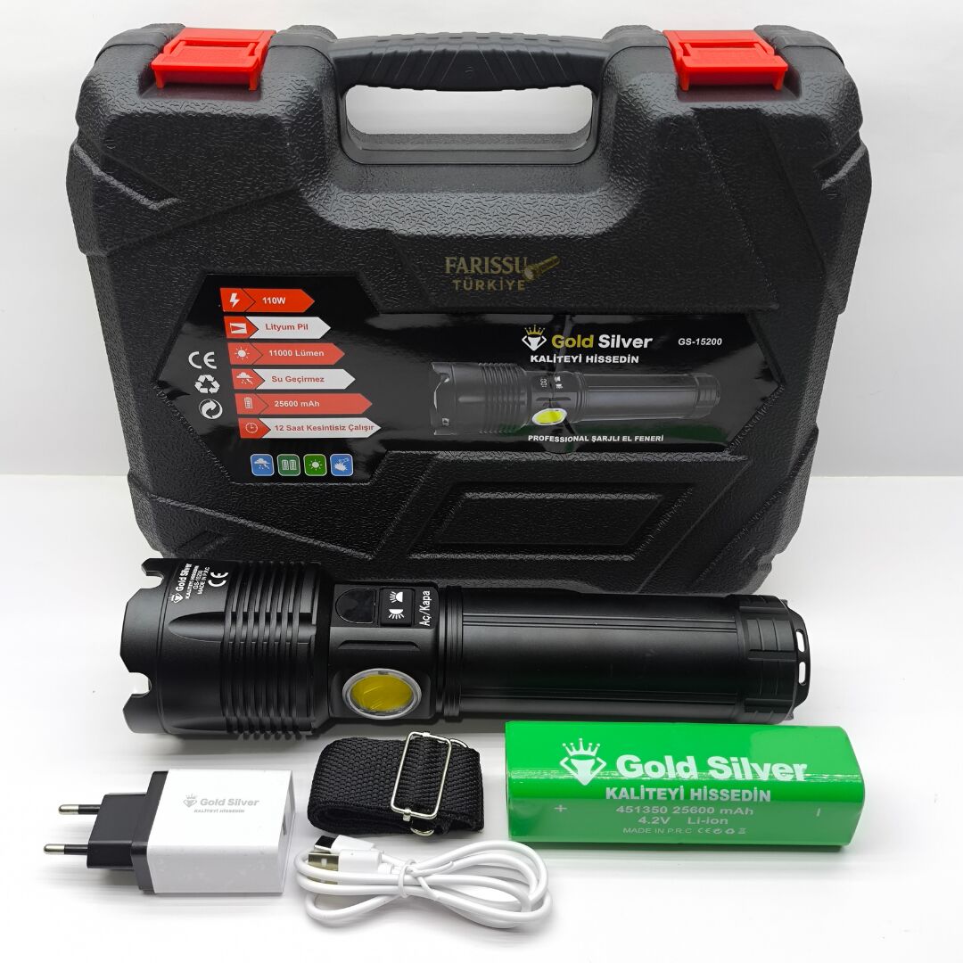 Gold Silver GS-15200 | 110W 11.000 Lümen - 3 KM Menzilli Profesyonel Zoomlu El Feneri