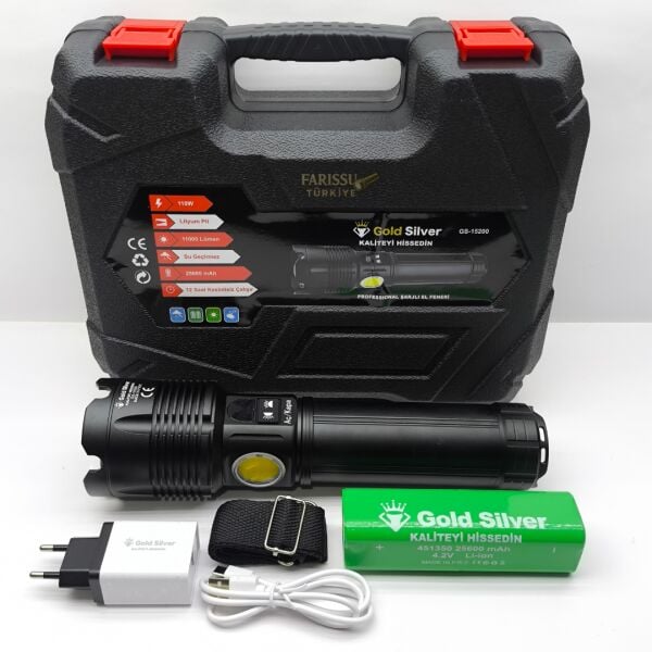 Gold Silver GS-15200 | 110W 11.000 Lümen - 3 KM Menzilli Profesyonel Zoomlu El Feneri