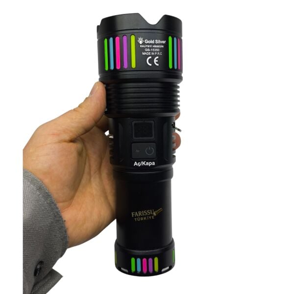 GS-15350 Profesyonel 90W 10000 Lümen Şarjlı El Feneri – 2 KM Menzil & Powerbank Özellikli