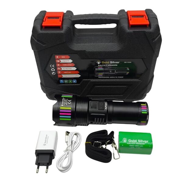 GS-15350 Profesyonel 90W 10000 Lümen Şarjlı El Feneri – 2 KM Menzil & Powerbank Özellikli