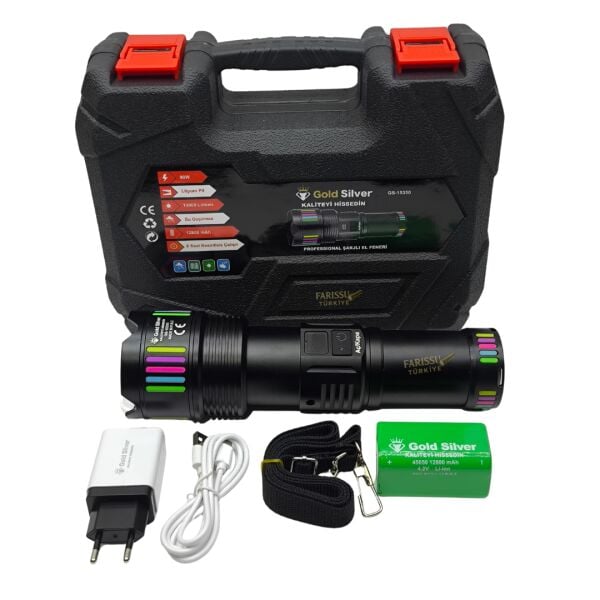 GS-15350 Profesyonel 90W 10000 Lümen Şarjlı El Feneri – 2 KM Menzil & Powerbank Özellikli