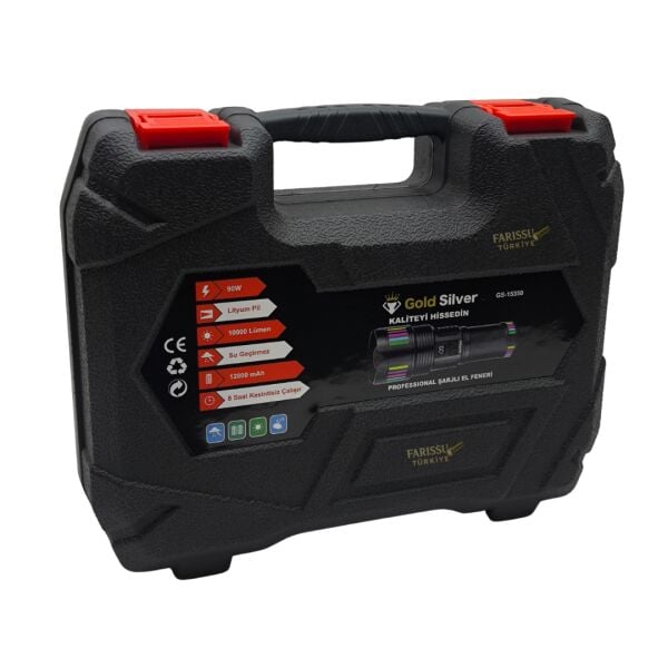 GS-15350 Profesyonel 90W 10000 Lümen Şarjlı El Feneri – 2 KM Menzil & Powerbank Özellikli