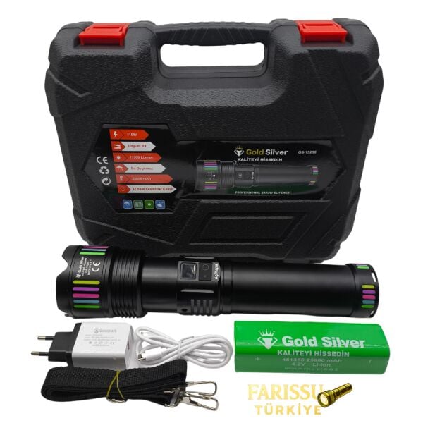 GS-15250 110W 11000 Lümen Profesyonel Şarjlı El Feneri - 2 KM Menzilli Zoomlu Powerbank Özellikli
