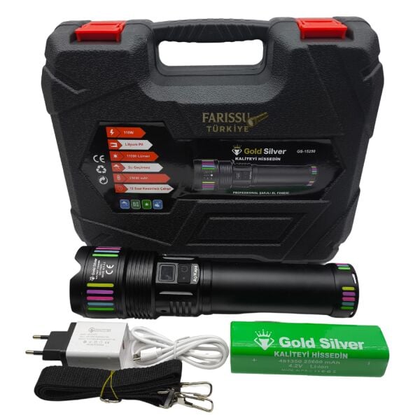 GS-15250 110W 11000 Lümen Profesyonel Şarjlı El Feneri - 2 KM Menzilli Zoomlu Powerbank Özellikli