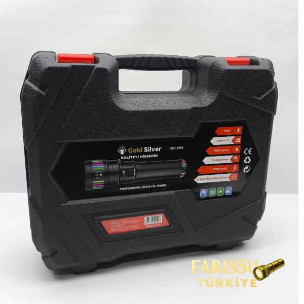 GS-15250 110W 11000 Lümen Profesyonel Şarjlı El Feneri - 2 KM Menzilli Zoomlu Powerbank Özellikli
