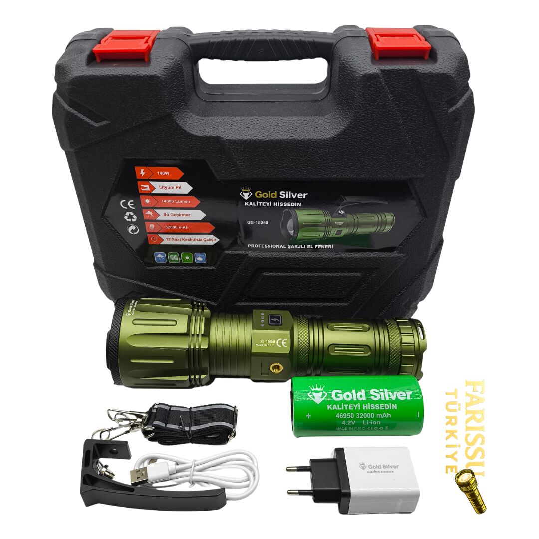 Gold Silver GS-15050 Profesyonel Şarjlı El Feneri - 14.000 Lümen / 32.000 mAh Dev Batarya